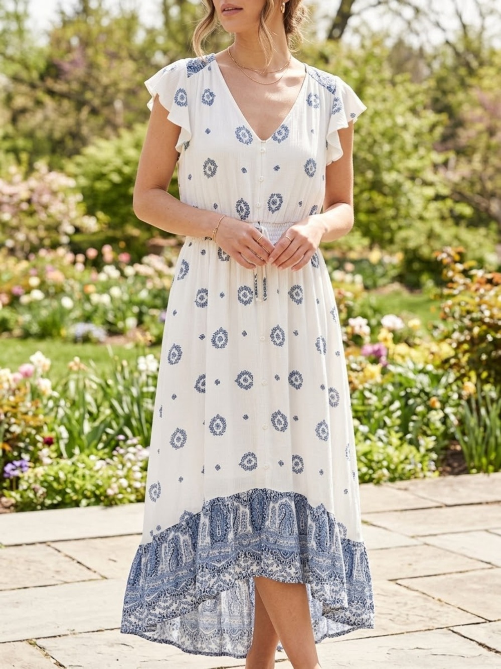 Kindred Boho Cream & Blue High-Low Midi Dress with Ruffle Hem